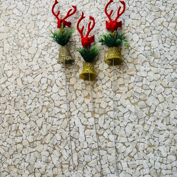 Vintage 70s Red Deer and gold bell Christmas Picks Ornaments set of 3 RARE - Picture 3 of 3